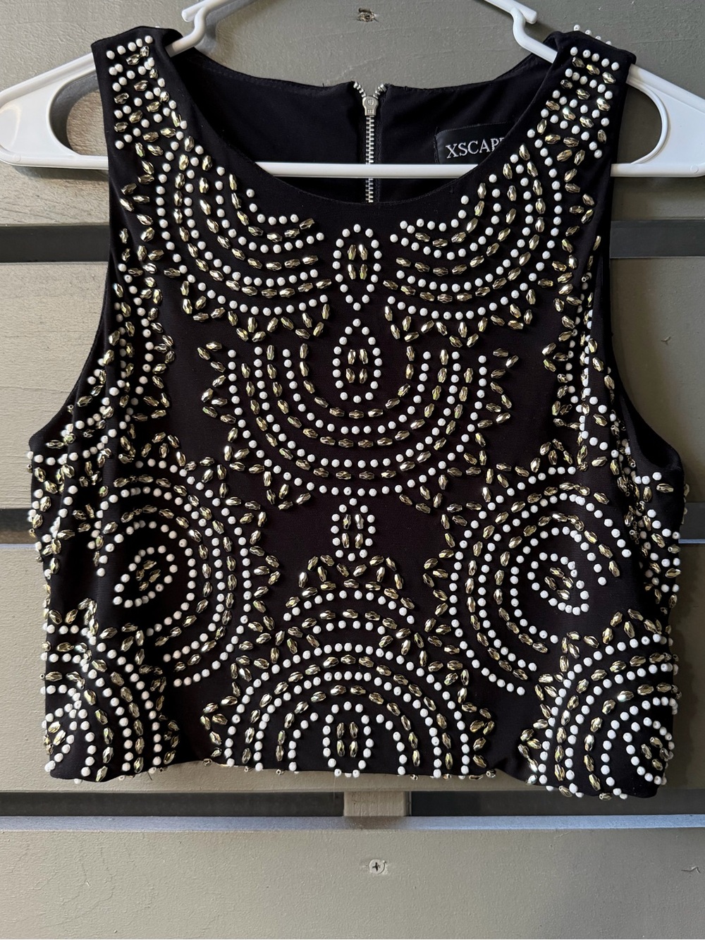 Xscape Black Crop Top with White and Metallic Beading